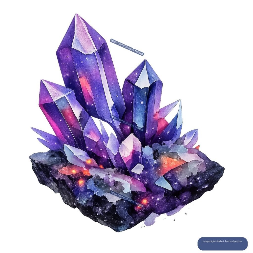 Cluster of faceted purple and blue crystals on a dark mineral base with glowing orange inclusions.