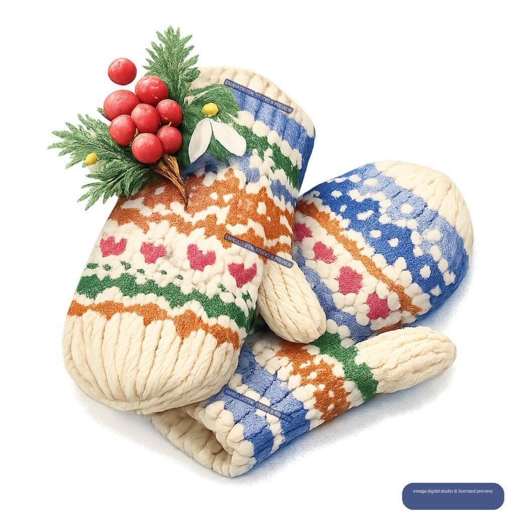 Patterned cream knitted mittens and scarf with evergreen sprigs and red berries