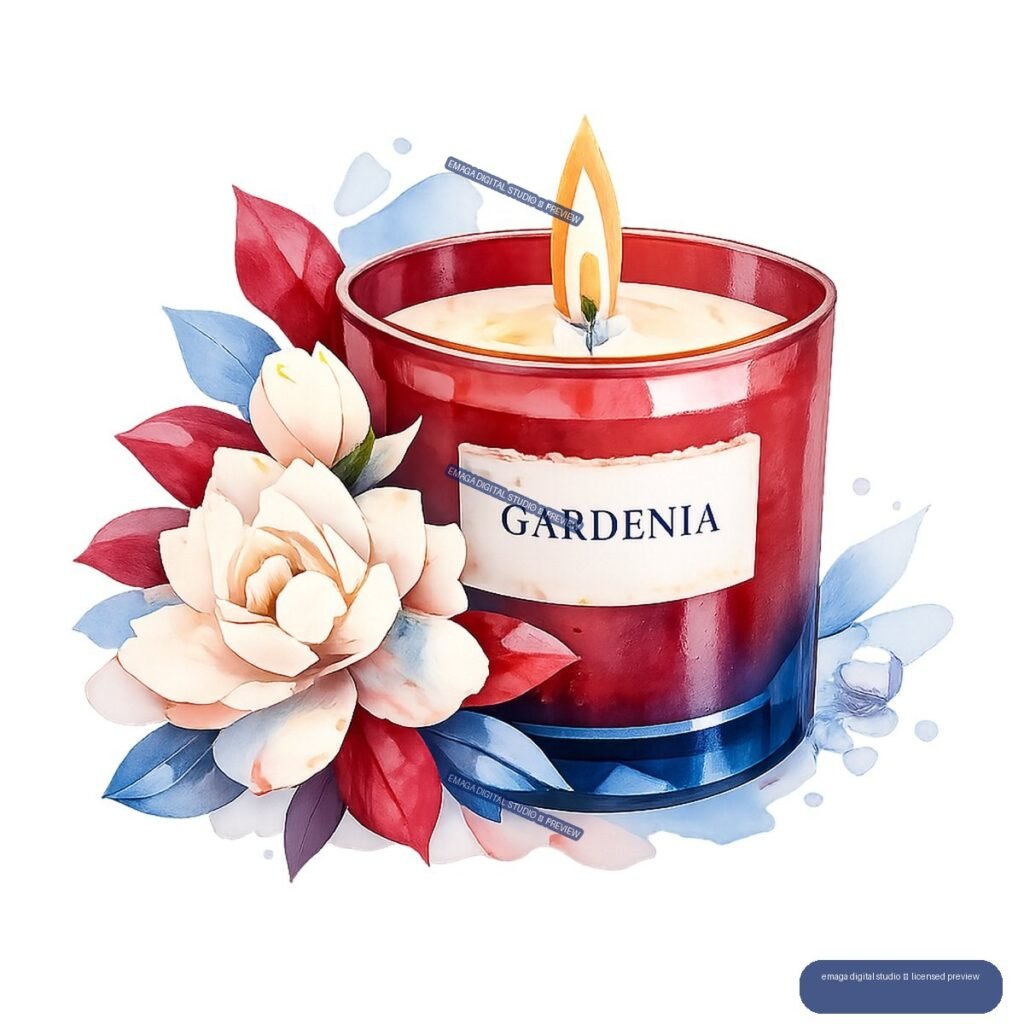 Lit red gardenia candle with a cream label, white flower, and red, blue, and purple botanical accents.