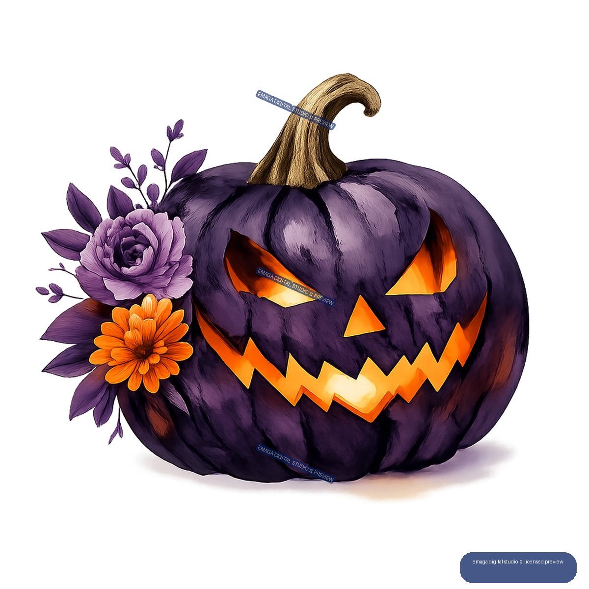 Deep-purple carved pumpkin with glowing orange face, curved stem, and purple and orange flowers on the left.