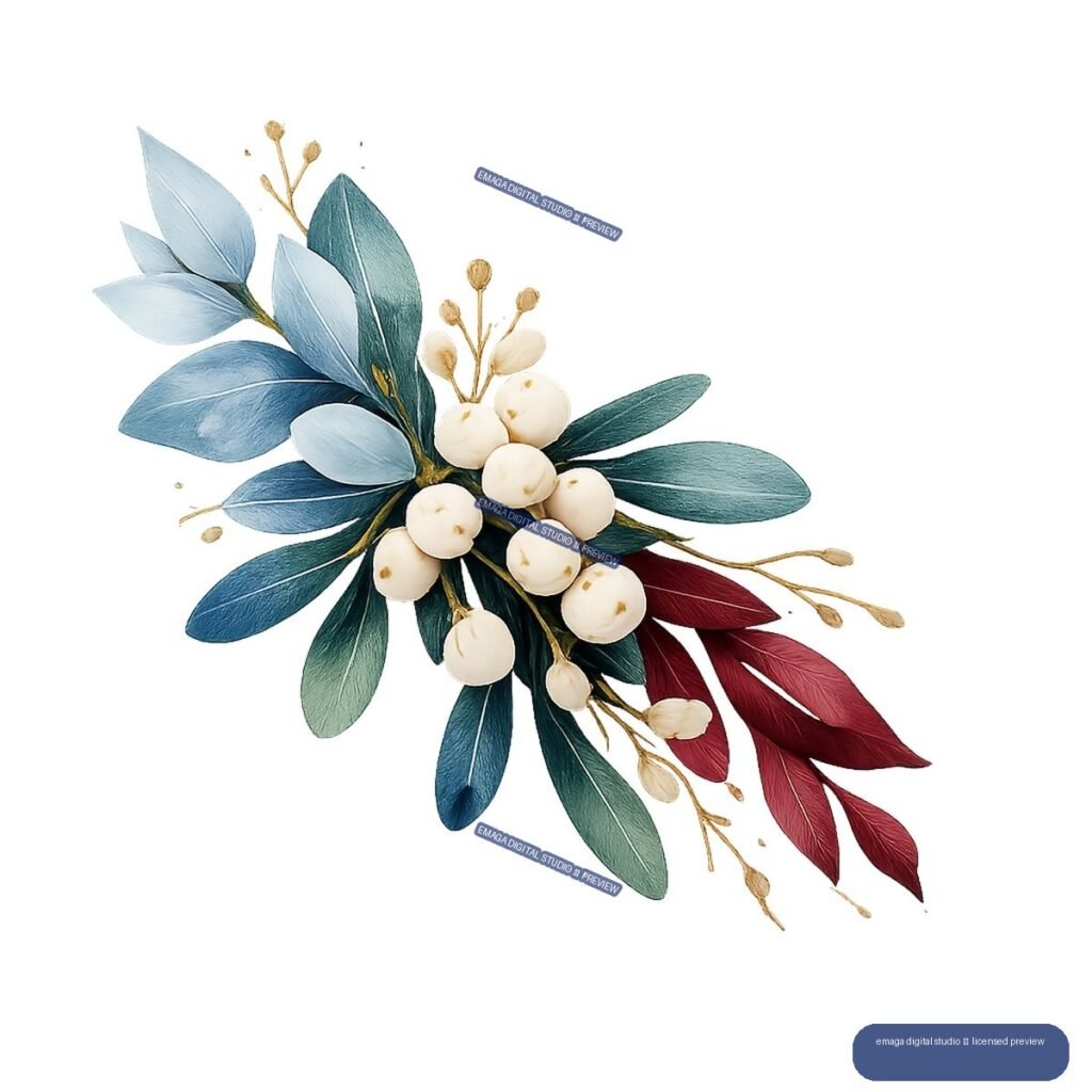 Watercolor-style botanical sprig with blue and teal leaves, burgundy foliage, white berries, and golden stems.