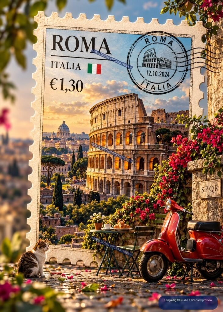 Decorative Roma Italy stamp showing the Colosseum, a red scooter, flowers, a cat, and a dated postmark.