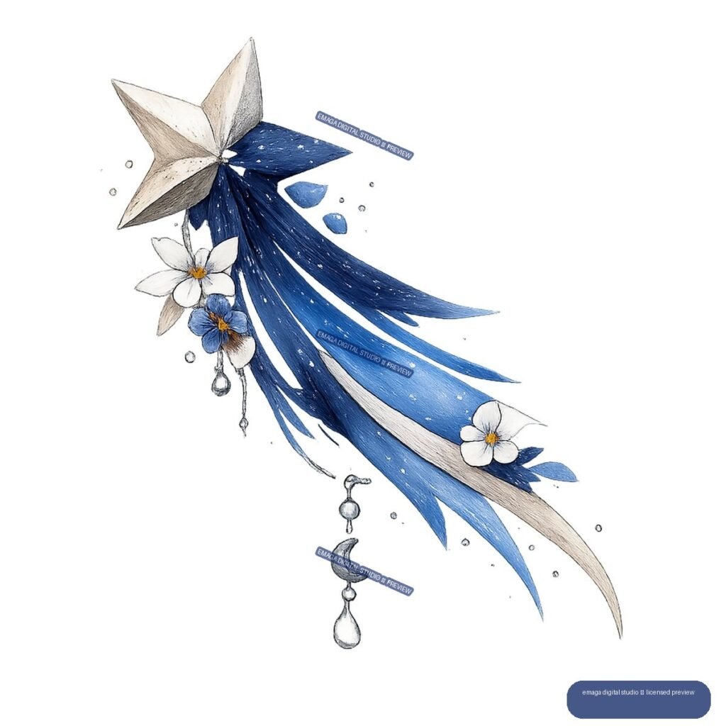 Faceted silver star with flowing blue ribbons, white and blue flowers, droplets, and a crescent charm arranged diagonally.