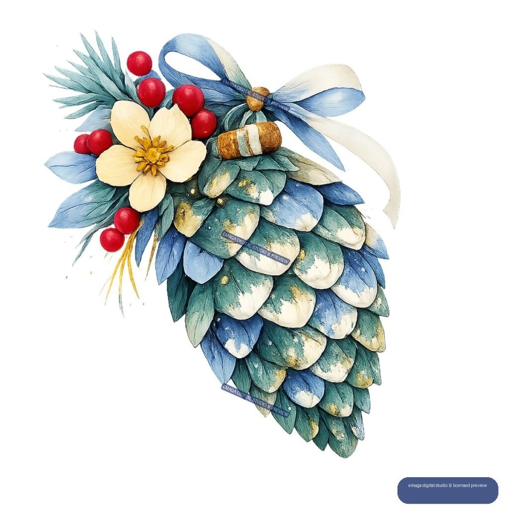 Watercolor Christmas ornament shaped like a blue-green pinecone, decorated with a cream flower, red berries, foliage, and a blue ribbon bow.