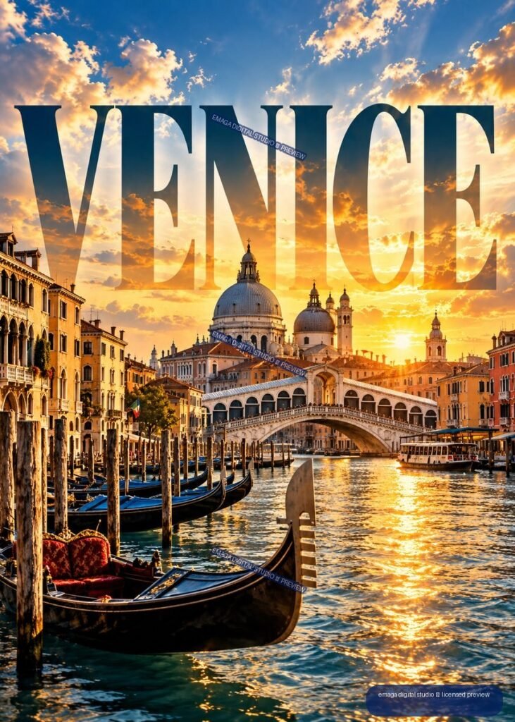 Venice canal at sunset with gondolas, Rialto Bridge, domed church, and large VENICE lettering in the sky.