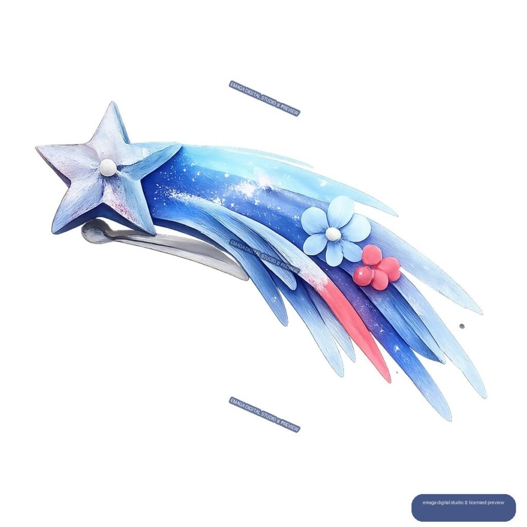 Blue star-shaped celestial ornament with flowing comet-like forms and small white and pink flowers.