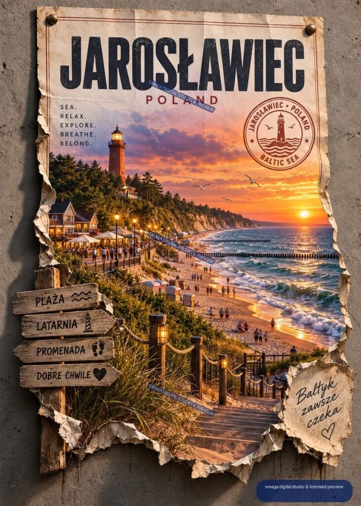 Vertical distressed travel poster showing a Jarosławiec beach sunset, lighthouse, promenade, Baltic Sea, and Polish signposts.