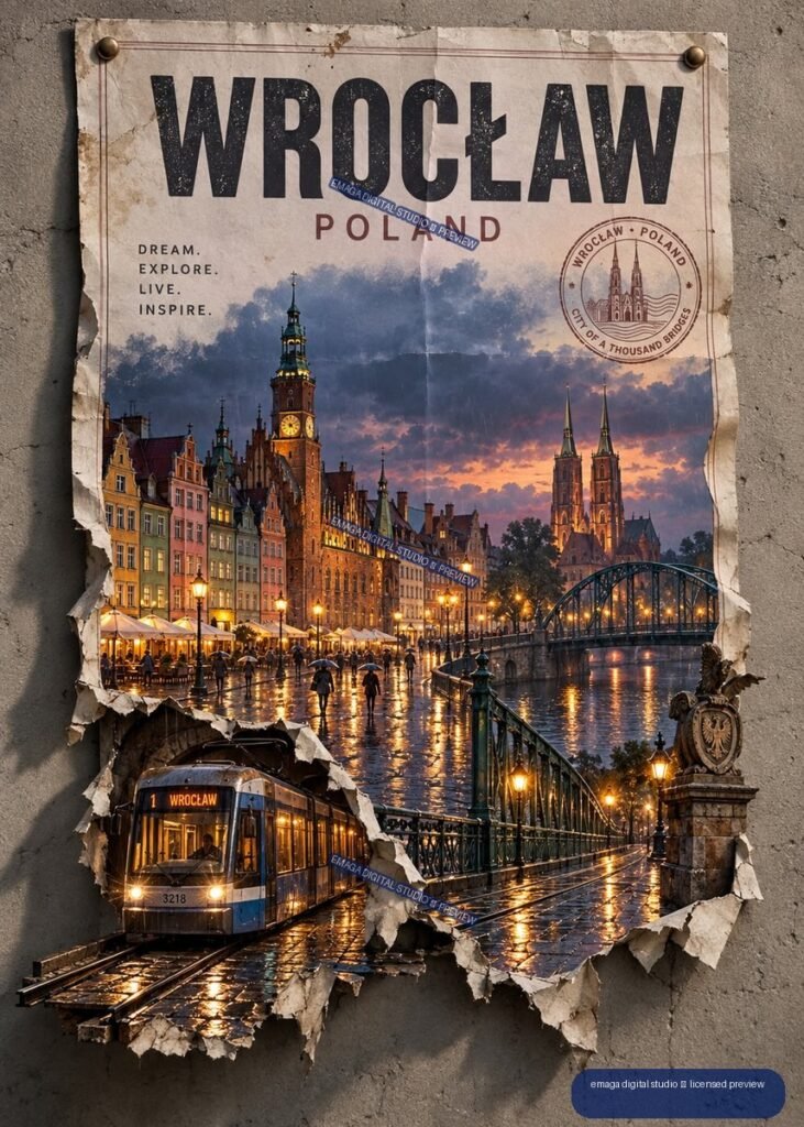 Vertical Wrocław Poland travel poster with colorful historic buildings, cathedral towers, bridge, rainy streets, and an illuminated tram.