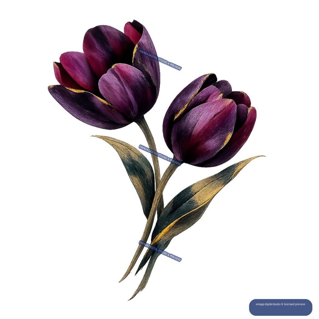 Two dark purple and burgundy tulips with elongated teal and gold leaves on transparent background.