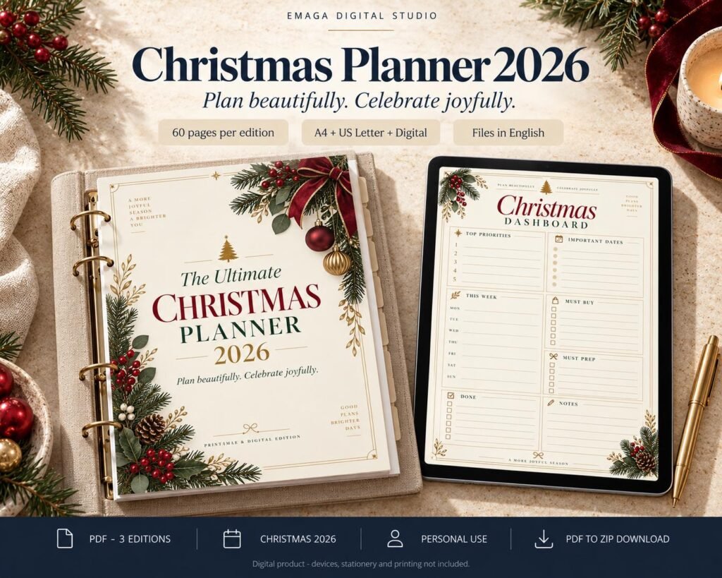 Christmas planner cover and dashboard in festive cream, burgundy and evergreen styling