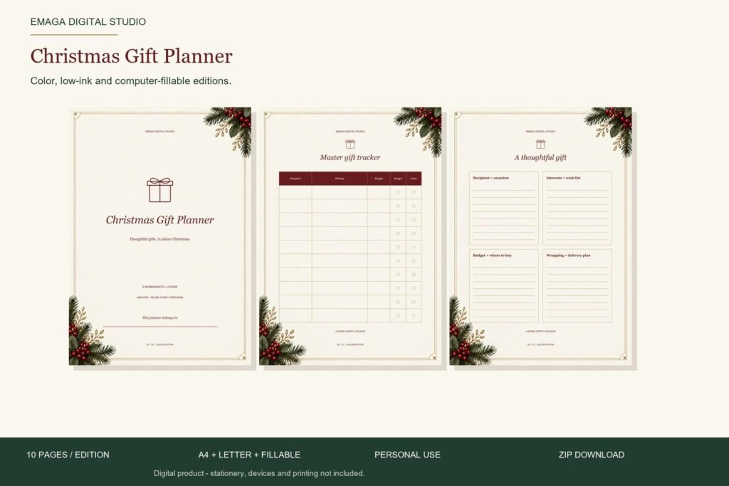 Christmas Gift Planner - cover and actual worksheets