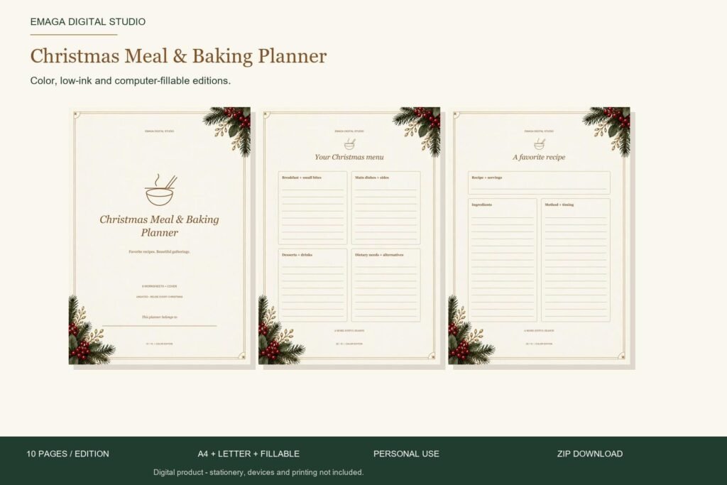 Christmas Meal & Baking Planner - cover and actual worksheets